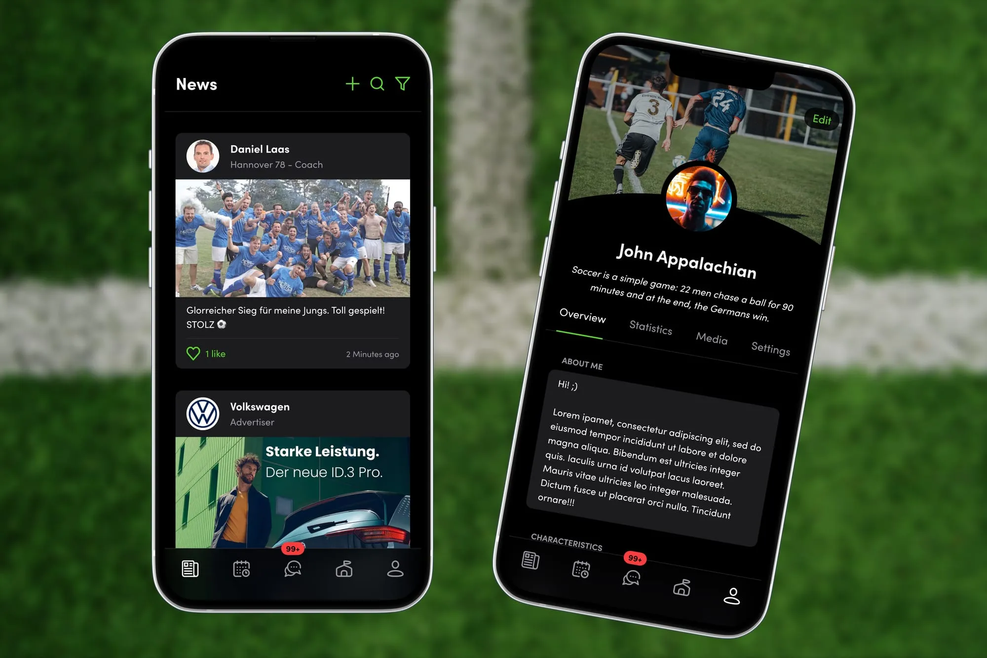 Two phones on a pitch showing the MyClub news feed and a player profile with statistics tabs.