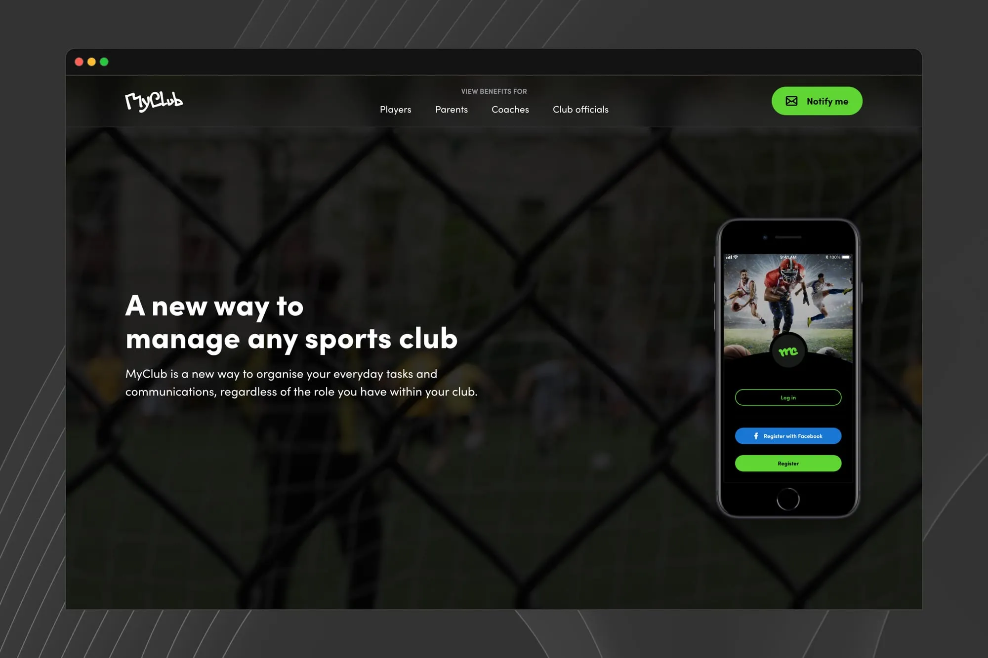 The MyClub promotional website shown on a laptop.